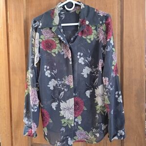 G.I.L.I. Floral Sheer Blouse with Pink and Green Accents